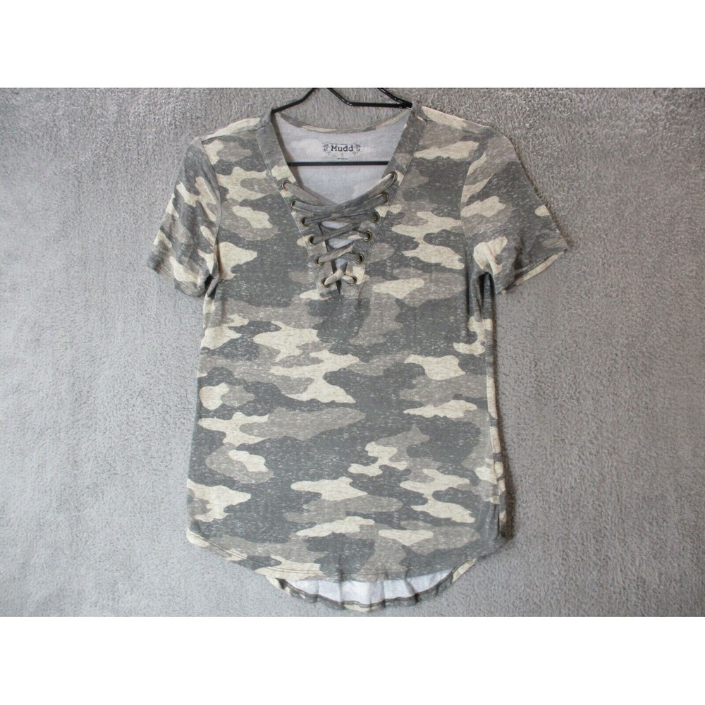 Mudd Shirt Womens Small Camoglouge Lace Tie Front Short Sleeve Camo Vneck Top S